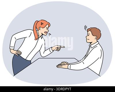 Angry woman manager scolding subordinate yelling at man who made mistake or violated deadline Stock Photo