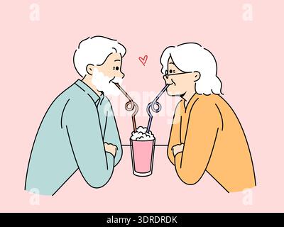 Romantic elderly couple on date, drink one cocktail and experience celebrating wedding anniversary Stock Photo