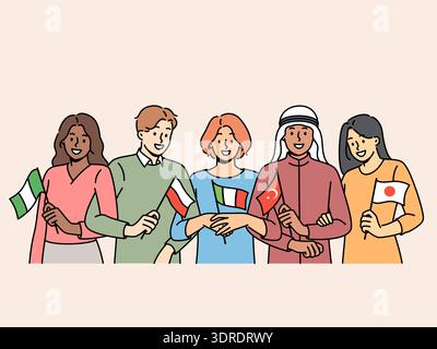 Students different nationalities hold state flags inviting them to take part in educational exchange Stock Photo