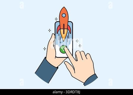 Hands and phone with rocket symbolizing fast internet and high-quality network for using mobile apps Stock Photo