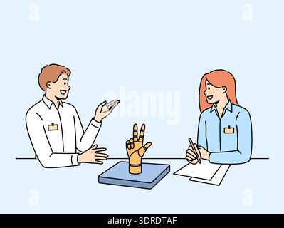 Meetings of office employees discussing robotization of production, sitting at table with robot arm Stock Photo