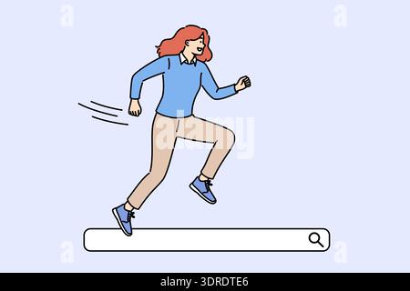 Woman runs through search bar, smiling, looking for useful information on internet Stock Photo