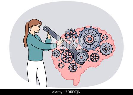 Woman is developing brain and improving intelligence by turning gears with wrench Stock Photo