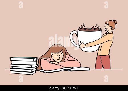 Woman brings lot of coffee to tired female student sitting at table with books to prepare for exams Stock Photo