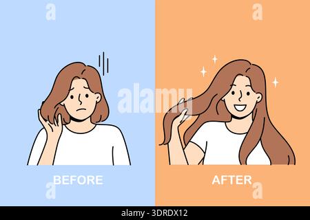 Woman with different hairstyles before and after using shampoo to get silky hair Stock Photo