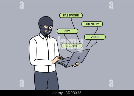 Man hacker hacks website through laptop, standing in mask hiding face to remain anonymous Stock Photo