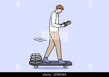 Guy student reads book and rides skateboard, preparing for exam on way home from college Stock Photo