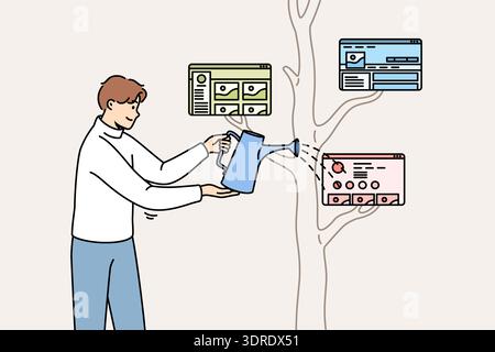 Man watering tree with web windows on branches is engaged in development of electronic ecosystem Stock Photo
