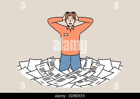 Paperwork and bureaucracy frighten man standing among pile of paper documents and clutching head Stock Photo