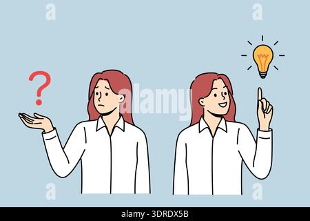 Business woman comes up with idea after problem arises and rejoices at finding answer to question Stock Photo