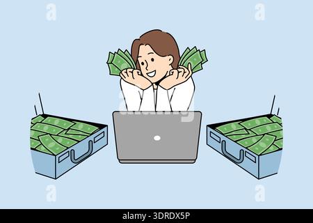 Rich woman freelancer with laptop and money in suitcases has earned lot thanks to work on internet Stock Photo