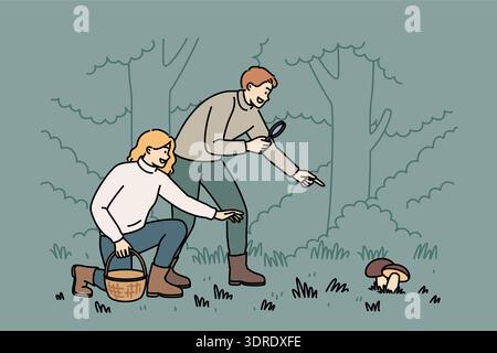 Man and woman are searching for mushrooms in forest using wicker basket and magnifying glass Stock Photo