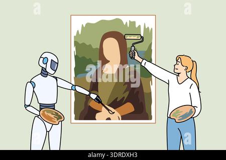 Creation of artwork using AI and neural networks demonstrates person and humanoid drawing picture Stock Photo