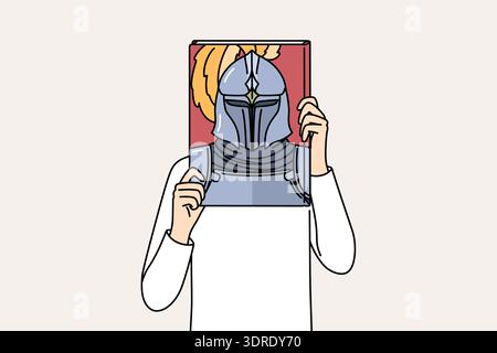 Book with knight on cover in hands of man covering face, reading literature about medieval soldiers Stock Photo