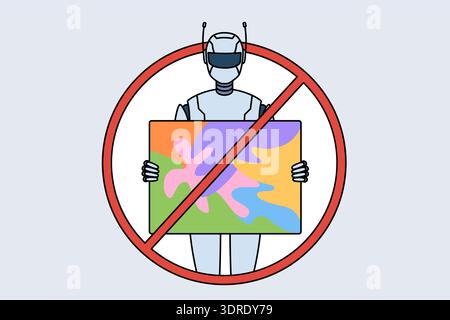 Ban on use of AI in art is shown by sign with crossed out robot holding artwork. Stock Photo