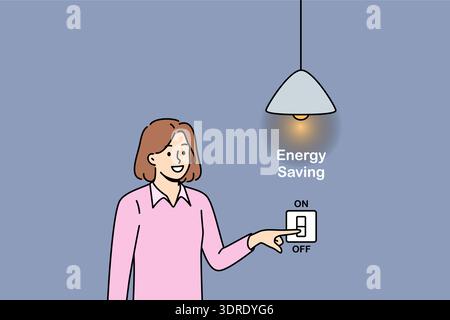 Woman is engaged in energy saving and turns off lights in apartment to minimize damage to nature Stock Photo