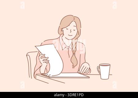 Office clerk reading report, audit, contract, business concept Stock Photo