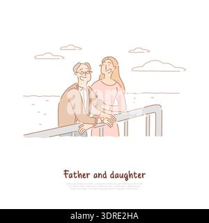 Old father and adult daughter spend time together, young woman and retired man, happy family relationship banner Stock Photo