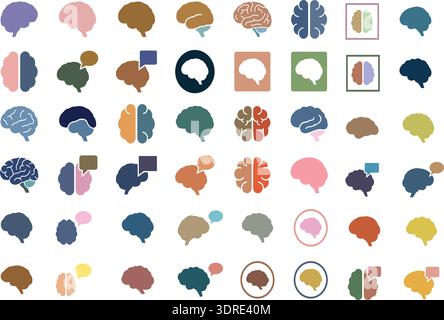 Brain Icons Set with Human Mind Psychology and Thinking Symbols Collection Stock Vector