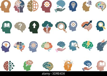 Creative Brain and Mind Icons Set with Intelligence, Learning and Idea Concepts Stock Vector