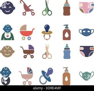 Baby Care Icons Set with Stroller, Pacifier, Bottle and Diaper Symbols Stock Vector