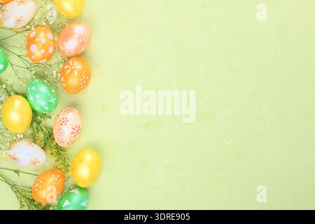 Happy Easter concept, spring card, background. Decorated Easter eggs on a delicate background. Minimal holiday concept, place fo Stock Photo