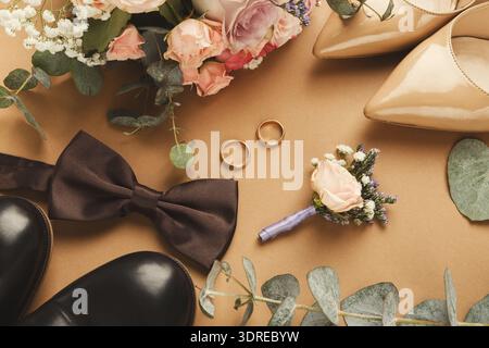 Mosaic of Wedding Elements Featuring Flowers, Rings, Shoes, and Accessories Stock Photo