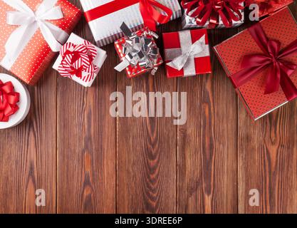 Gift boxes on wooden table Stock Photo