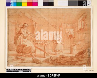 This circa 1731 drawing in red and black chalk portrays a harlot in her garret, attended by her bunter. The figure sits by a curtained bed, applying a bandage to her arm. Objects include a table with a beer-mug, medicine bottle, mirror, syringe, a floor with a birch rod, book inscribed 'Aristotle on F', cat, and clothing. A washing line stretches across the room. The bunter carries a leaky jar. Verso shows a Hepplewhite-style chair, door, and two heads by a later hand. Squared for transfer. Stock Photo