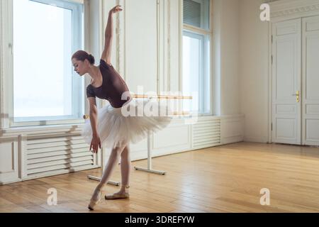 Young ballerina in tutu skirt dancing practicing ballet positions in dance class. Young classical dancer woman in dance studio. Stock Photo