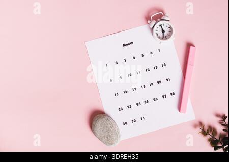 Calendar, alarm clock and marker on pink background top view web banner Stock Photo