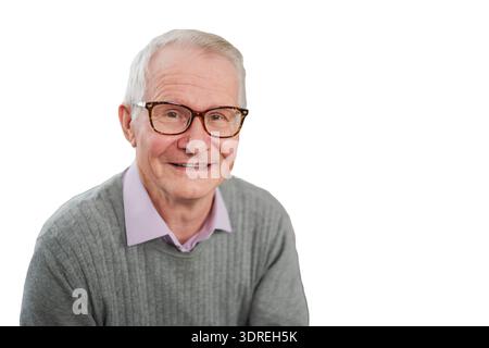 Confident stylish European middle aged senior man isolated on white background. Older mature man smiling. Happy attractive senio Stock Photo