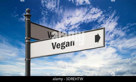 An image with a signpost in German pointing in the direction of Vegan. Stock Photo