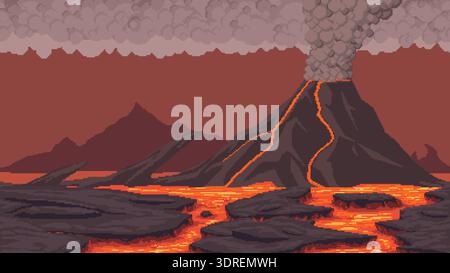Pixel art volcanic landscape with erupting volcano, flowing lava, rocky terrain and smoke. Seamless horizontal background for games, fantasy environme Stock Vector