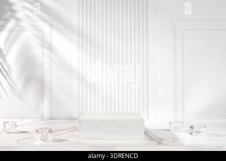 Premium empty podium with shadows and ice cubes on sunny elegant background,summer party concept,minimal abstract background for Stock Photo