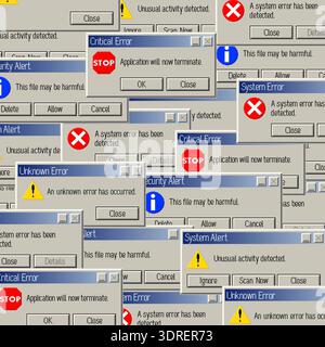 Multiple retro computer error message windows overlapping and filling the frame. Concept of system failure, software malfunction, digital chaos and re Stock Vector