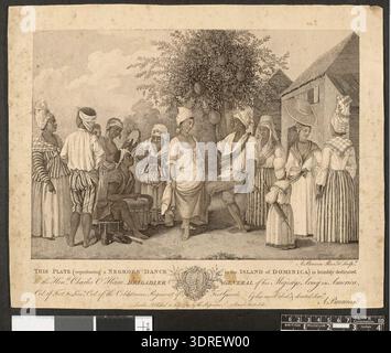 This 1779 etching and stipple print illustrates a group of Caribbean men and women in Dominica participating in a dance under a coconut tree. Two people dance centrally, while others play instruments such as drum and tambourine and clap along. A child on the right holds a furled parasol, observing women in conversation. The print reflects social customs, attire, music, and leisure activities of Caribbean communities in the late 18th century. Stock Photo