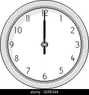 Pixel vector illustration of a round analog wall clock showing twelve o'clock. Minimal pixel art style. Isolated object with retro design. Stock Vector