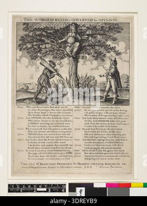 This 1642 etching depicts Opinion as a blindfolded woman crowned with the Tower of Babel, holding a globe and staff, with a chameleon on her arm, seated in a tree from which pamphlets fall, including 'Lambeth Faire' and 'Taylors Physicke'. A man in motley waters the tree while an elegantly-dressed man speaks. Text below in two columns provides commentary. The image exemplifies early modern political and social satire, allegorical representation, and detailed 17th-century engraving techniques in England. Stock Photo