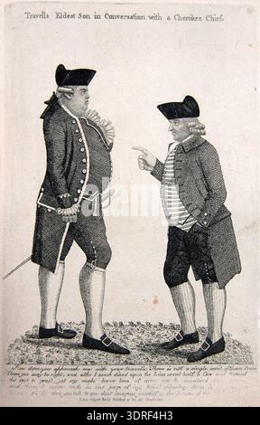 This 1791 etching with stipple by British printmaker John Kay depicts Travell’s eldest son engaged in conversation with a Cherokee chief. The scene presents two figures in dialog, highlighting cross‑cultural encounter imagery in a late eighteenth century print. Kay’s work shows clothing, posture, and facial interaction, emphasizing narrative elements and representation of individuals from different cultural backgrounds within a British print tradition. Stock Photo