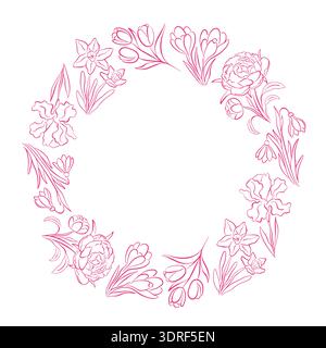 Floral wreath in pink line art style with tulip, peony and iris flowers. Elegant illustration circular frame isolated on white for wedding invitation Stock Vector