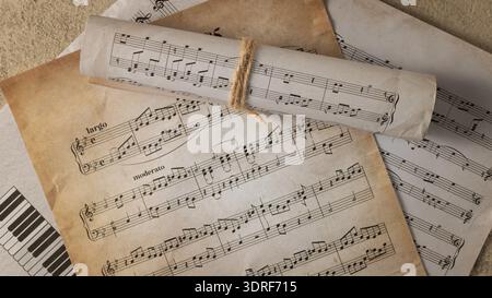 Music notes sheets vintage background. Old musical paper lying on table. Stock Photo
