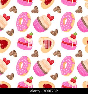 Seamless Valentine day pattern with donut, cupcake, macaron and linzer cookie. Cute flat illustration background for gift wrapping, cards, textiles Stock Vector