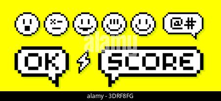 Pixel art, speech bubble set, smile for game UI Stock Vector