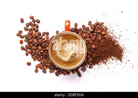 A steaming cup of freshly brewed coffee surrounded by rich, aromatic roasted coffee beans Stock Photo