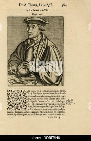 Portrait engraving of French mathematician and astronomer Oronce Finé circa 1584. Depicted half-length facing left, left hand on celestial globe, right hand holding compass. Illustration appears in Thevet's 'Les vrais pourtraits et vies des hommes illustres', Paris, 1584. The work demonstrates late 16th-century portrait engraving techniques, scientific iconography, cartographic symbolism, figure representation, letterpress integration, and Renaissance compositional methods. Stock Photo