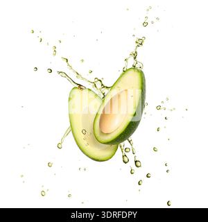 Sliced green avocado flying in splashing drink juice isolated on white background Stock Photo
