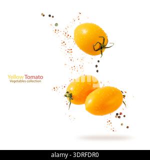 Three whole ripe juicy yellow plum tomatoes with water drops and peppers isolated flying falling on white background.  Vegetables collection Stock Photo