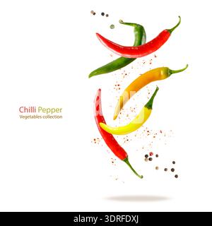 Color hot chilli pepper isolated on white background. Flying red, orange, green and yellow peppers. Vegetables collection Stock Photo