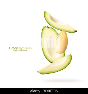 Cutting green avocado flying isolated on white background. Sliced avocado and seed falling. Fruits collection Stock Photo